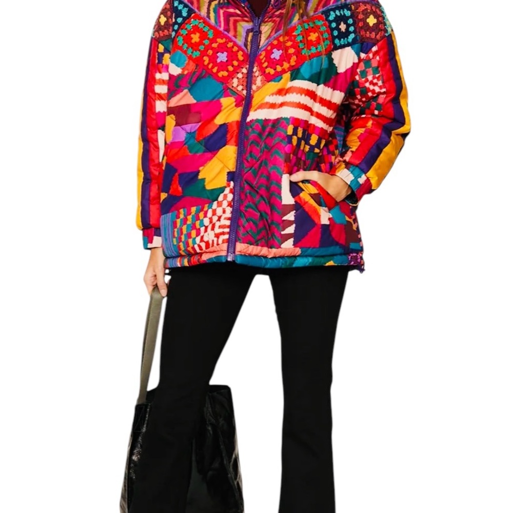 Farm Rio Red Abstract Patches Reversible Puffer Jacket, NWT, Small